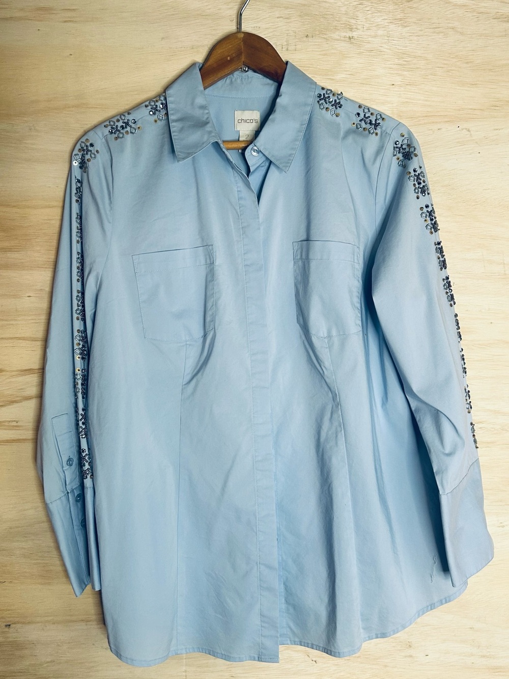Chico's Light Blue Embellished Button-Down Shirt